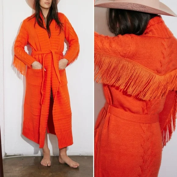 Understarted Leather Rodeo Duster Cardigan Sweater Med Orange Fringe Western - Picture 2 of 16